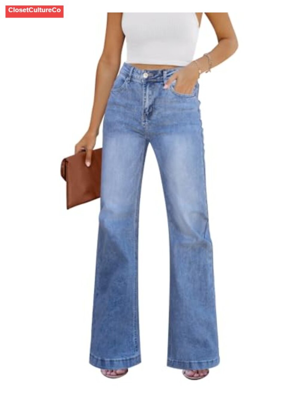 High Rise Wide Leg Flare Jeans Stretchy Denim Pants